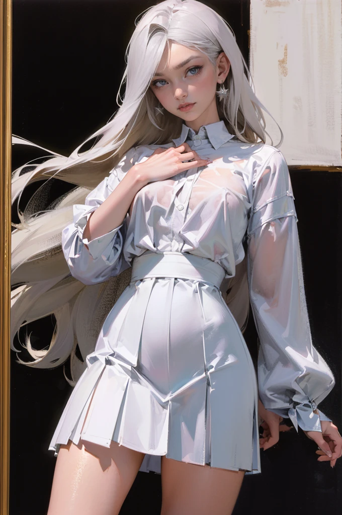 ((アートワーク,より良い品質,8K,高解像度)),((キャラクターコンセプトアート)), 女性1名, 若い大人の女性, アナスタシア・ヴォルコワ, 18歳, 175cm, (遠く離れた, プラチナブロンドの髪), プラチナブロンドの髪, (明るい肌の色), 非常に詳細な目 (青い目の色), 素敵, 面白い, 信頼する, 完璧な体の構造 ((薄い)), ((複雑な細部)), 手超詳細, 超詳細な指(((十本の指))), ピンクのブレザーを着ている, 白いシャツと白いプリーツペンシルスカート, (優雅に立ち向かう), ((全長ショーケース)), (全身を表示), (背景にロゴはありません), (ロゴなし), ((無地の背景)), ((無地の背景)), (((空の背景)))