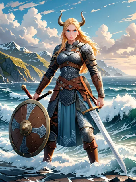 Nordic Viking female warrior，Armed with a large shield and a double-edged sword，The helmet is beside me，Strong build，Blonde hair...