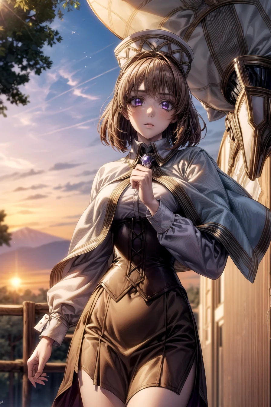 Alicia DeLucia, Alicia&#39;s Predecessor, short hair, Brown Hair, (Purple eyes:1.1),
break skirt, Long sleeve, Have, Capelet, Removable sleeves, corset,
break outdoors, nature, forest, null, sun, cloud,
break looking at viewer, (Cowboy Shot:1.5),
break (masterpiece:1.2), highest quality, High resolution, unity 8k wallpaper, (figure:0.8), (Beautiful fine details:1.6), Highly detailed face, Perfect lighting, Highly detailed CG, (Perfect hands, Perfect Anatomy),