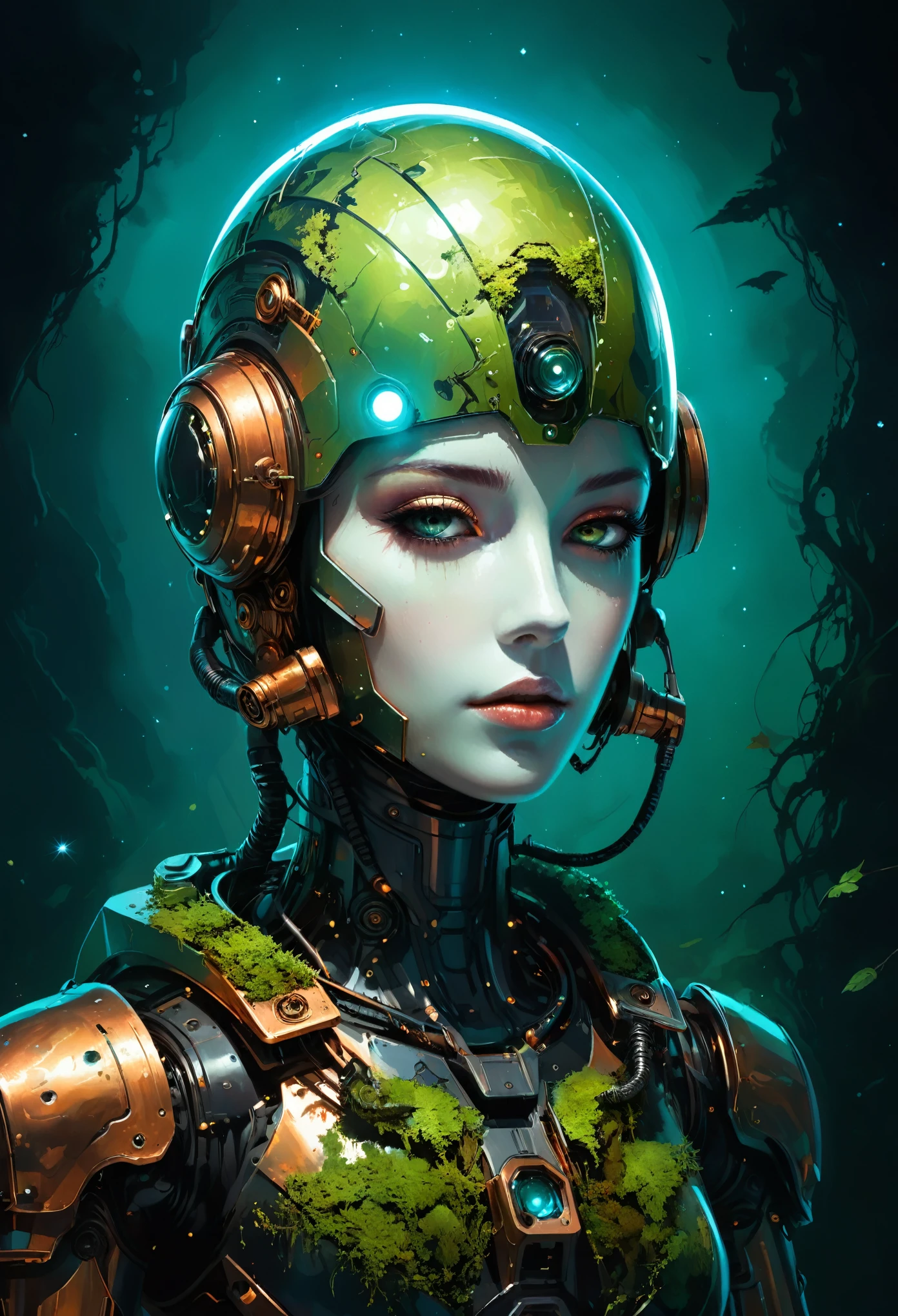 Space art galaxy landscape, concept art, vector, high quality, check the detail information, Unreal Engine, Octane Rendering, Ultra high quality, Ultra-high resolution, Surrealism, painting , drawing by Conrad Roset close up , reflections on helmet a giant robot looking at a bird stopped on its hand , (glass transparent helmet ),bioluminescence,fluorescent helmet, the robot is aged with moss on its rusty bronze armor, night, moonlight shadows, dramatic lighting , gradient pop surrealism , BREAK Detailed,(darkness:1.3),(very detailed shadows:1.3),absolute shadows,absolute darkness,body silhouette,