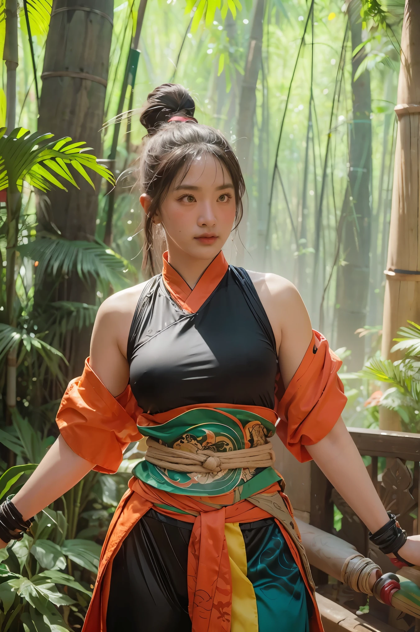 bamboo forest background，A look of determination，colorful vivid octane render, cybernetic and highly detailed, loba andrade from apex legends, created in unreal engine 5, made in unreal engine 5, trending on unreal engine 5, Antique portraits, Martial arts fantasy style 8k octane rendering, rendered in unreal 5, rendered in high octane