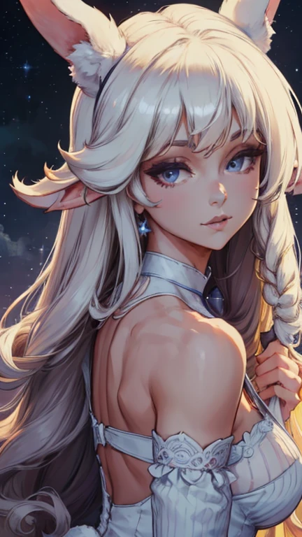 face close-up, csr style, SFW, best resolution, Walppaper HD 8K, high detailed pretty face, Bunny Goddes, long white curly hair,  white dress, starry night background moonlight.