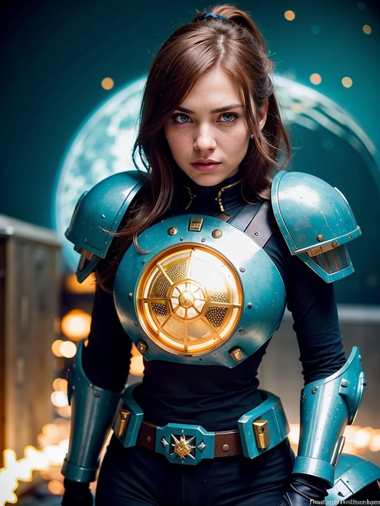 high quality, 1 girl, adult  woman,  turquoise eyes, chestnut prom hairstyle,
 portrait, solo, (full body:0.6), looking up, detailed background, detailed face, (geometrical steel, scifi, precursortech theme:1.1), warhammer 40k space marine, face,  wearing dark green thick power-armor,  battle-worn equipment, chainsword weapon, energy shield, cloak,  determined expression,  heavy gunner,   floating particles, exterminatus in background, epic atmosphere,