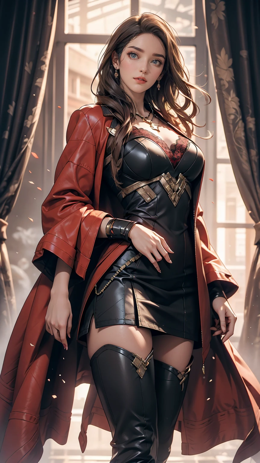 Highly detailed female photos, Lola Elizabeth, Scarlet Witch, the avengers, Wearing a black lace dress, Red leather jacket with an open neckline, 8K Ultra HD, Raw photo, Model photoshoot