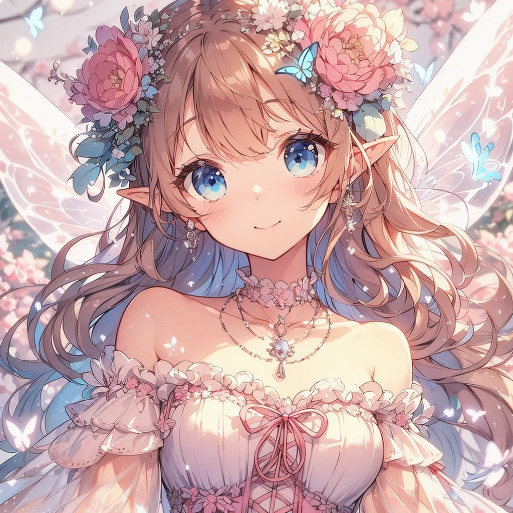 (Exquisite, beautiful, Very detailed, masterpiece, high quality,High resolution),(Well-formed face,Soft and thin lines: 1.2, Beautiful and delicate illustrations with a mature and transparent feel, Pixiv-inspired anime illustration,Cute pastel-colored girl-style illustrations that are going viral among Japanese people on Twitter),A fairy princess with a delicate and beautiful well-formed face,Beautiful Under the blue sky and fluffy clouds, a fairy princess with butterfly-like fairy wings growing from her back is floating in the sky, A little far away so you can see the whole body,Vibrant sky and clouds, Smiling and looking very happy,Diamond tiara, earrings and necklace, A pastel colored ball gown dress with balloon sleeves and fluffy shoulders, decorated with jewels, lace and frills with a cloud motif, and fluffy white marshmallow-like fluttering.,(Beautiful fairy wings like a butterfly growing from its back:1.5), Pale pink cheeks and plump pink lips,Big bust, fair skin, good figure,Fluffy, puffy clouds,Vibrant pastel colors,Gentle sunshine,watercolor style:1.5