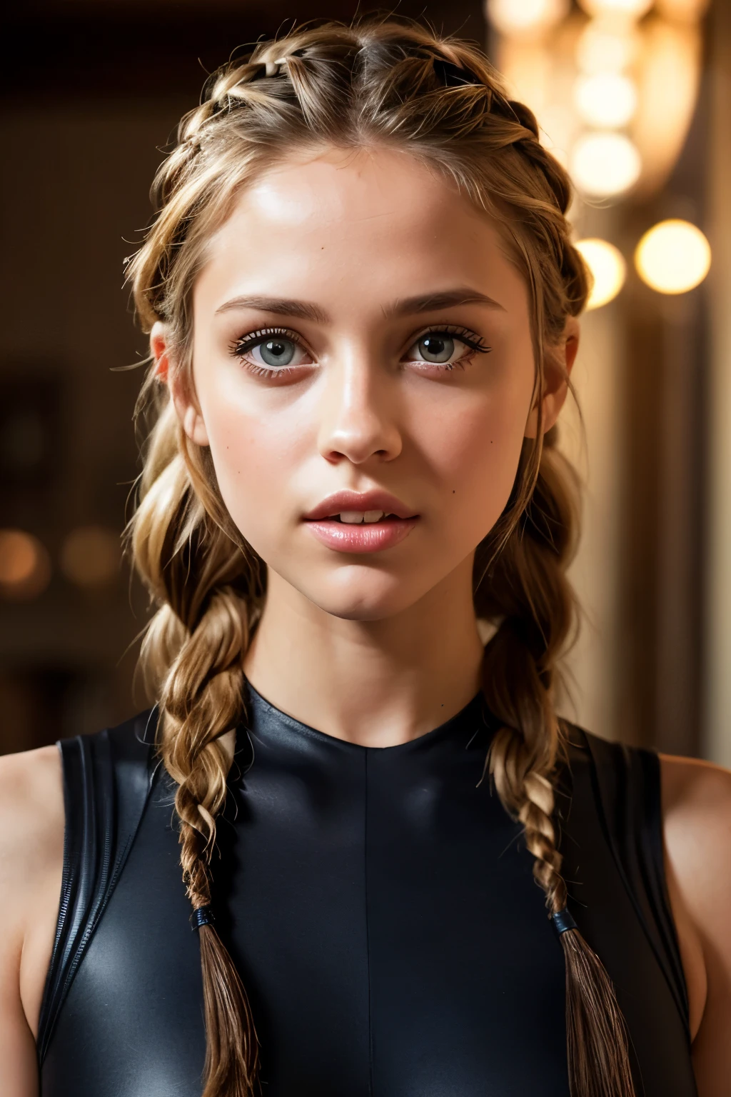 (realistic, photo-realistic:1.37),(8k, RAW photo, best quality, masterpiece:1.2), cute Teresa Palmer, 30 years old, ultra-detailed, heart-shaped pupils, physically-based rendering, ultra high res, kodakvision color, shot on Arricam LT Camera, bokeh, sharp focus, looking at viewer, photorealistic, realistic, best quality, extremely detailed face, extremely detailed eyes and face, beautiful detailed eyes, absurdres, incredibly absurdres, short lycra bodycon dress, perfect female body, fit body, slender, sexy expression, biting lip, gorgeous hair, (braids:1.2), dimly lit, rim lighting.