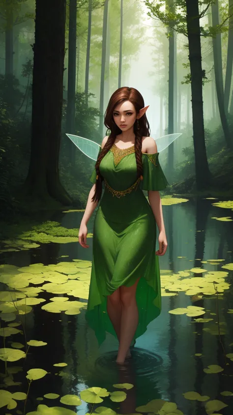 Create a mystic Fairy with brown hair in dreadlock style wearing green leaf dress she standing in water and in her Background ar...
