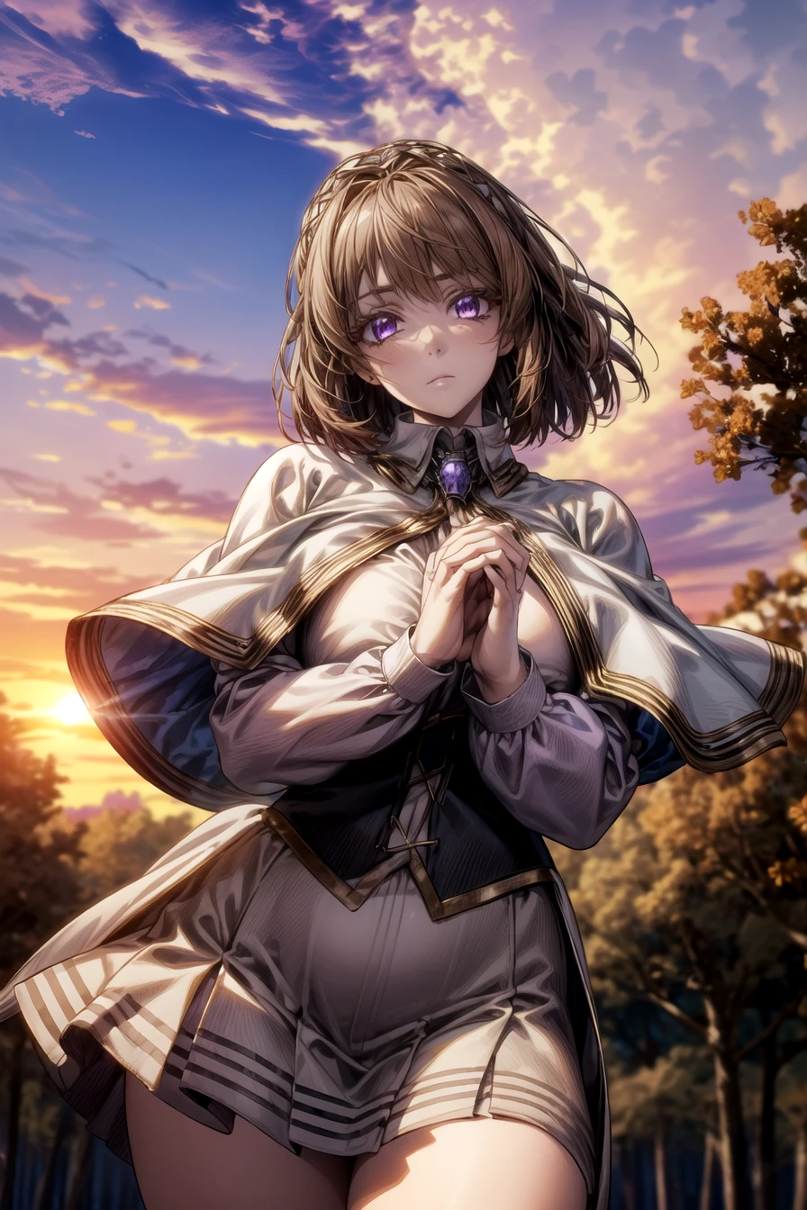 Alicia DeLucia, Alicia&#39;s Predecessor, short hair, Brown Hair, (Purple eyes:1.1),Big Breasts，Robust，Clothes that are only fluffy，
break skirt, Long sleeve, Have, Capelet, Removable sleeves, corset,
break outdoors, nature, forest, null, sun, cloud,
break looking at viewer, (Cowboy Shot:1.5),
break (masterpiece:1.2), highest quality, High resolution, unity 8k wallpaper, (figure:0.8), (Beautiful fine details:1.6), Highly detailed face, Perfect lighting, Highly detailed CG, (Perfect hands, Perfect Anatomy),