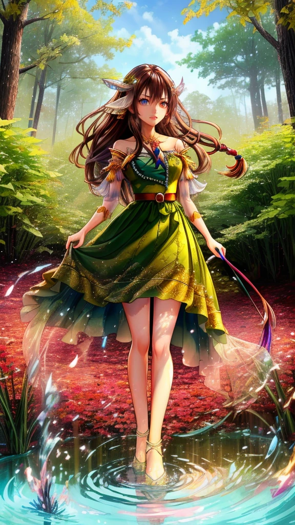 Crea un hada mística con cabello castaño con estilo rasta y un vestido de hojas verdes, parada en el agua y en su fondo hay fuego y bosque.