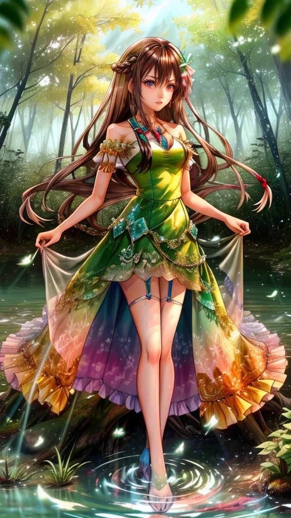 Create a mystic Fairy with brown hair in dreadlock style wearing green leaf dress she standing in water and in her Background are fire and forrest