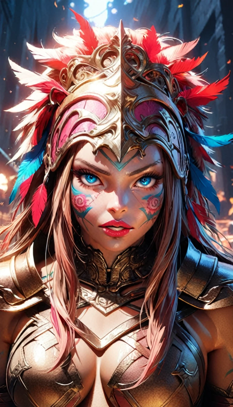 (full body shot:1.4), female warrior, barbarian warrior, animal furs, colorful feathers, tattoos, detailed portrait, beautiful detailed eyes, beautiful detailed lips, extremely detailed face, long eyelashes, muscular figure, fierce expression, intricate tattoo patterns, ornate headdress, leather armor with some metal details, dramatic lighting, cinematic composition, vivid colors, photorealistic, hyper detailed, masterpiece, immersive background