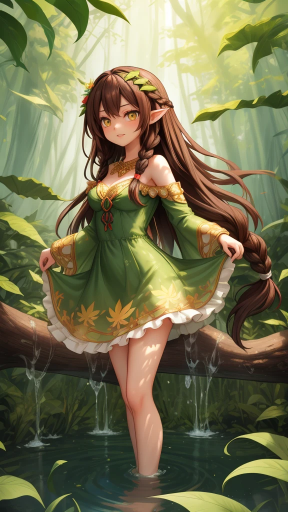 Crea un Hada mística, ella nos mira y lleva su largo cabello castaño estilo rastas., vistiendo un vestido de hojas verdes, ella está parada en el agua y en su fondo hay fuego y bosque.