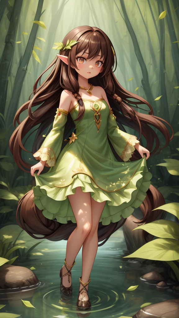 Создайте мистическую фею, она смотрит на нас и носит свои длинные каштановые волосы в стиле дредов., в платье из зеленых листьев, она стоит в воде, а на ее фоне — огонь и лес