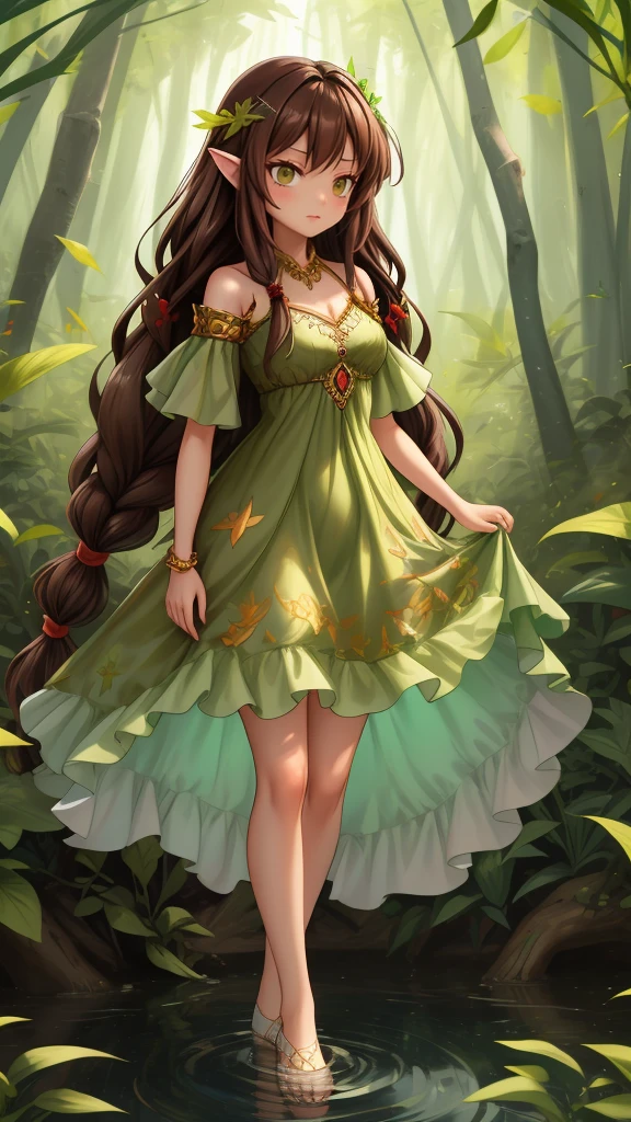 Create a mystic Fairy she look at us and wearing her long brown hair in dreadlock style, wearing green leaf dress, she standing in water and in her Background are Fire and forrest