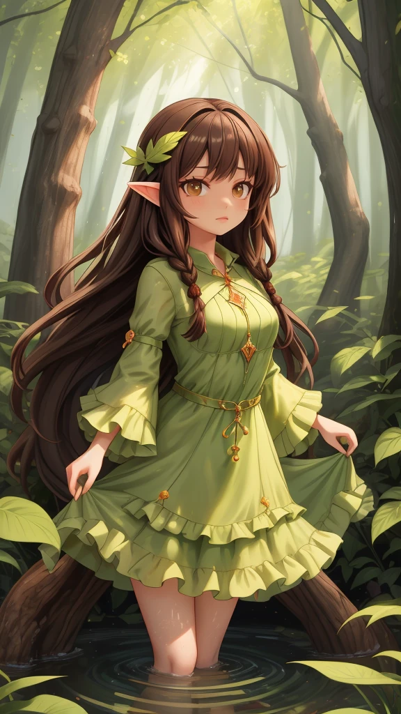 Создайте мистическую фею, она смотрит на нас и носит свои длинные каштановые волосы в стиле дредов., в платье из зеленых листьев, она стоит в воде, а на ее фоне — огонь и лес