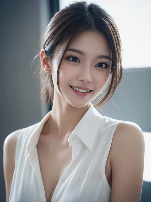 One Girl, (Wear trendy fashion:1.2), (RAW Photos, highest quality), (Realistic, Realistic:1.4), Tabletop, Very delicate and beautiful, Very detailed, 2k wallpaper, wonderful, In detail, Very detailed CG Unity 8k wallpaper, Very detailedな, High resolution, Soft Light, Beautiful detailed girl, Looking into the camera、Very detailedな目と顔, Beautiful and detailed nose, Beautiful details, Medium Hair, small, Black suit and white shirt、White Background、Background is white、Cinema Lighting, Perfect Anatomy, Slender body, smile, 