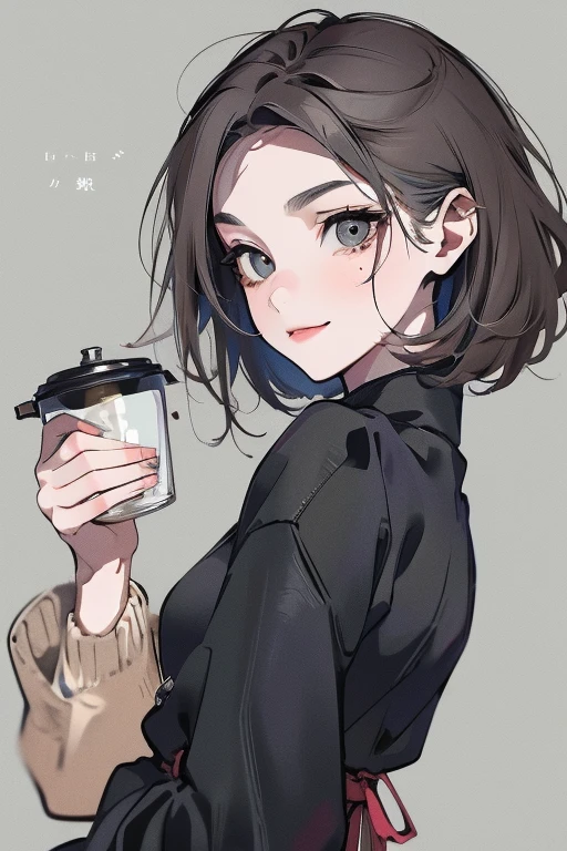 short hair,Slightly dark grey hair,Cafeの女性店員,Mode,Long sleeve,Black clothes,Simple clothes,Cool Beauty,adult,A slight smile on your lips,Small mole under left lip,Cafe,Arched thin eyebrows,1 female,carry a coffee pot,highest quality,