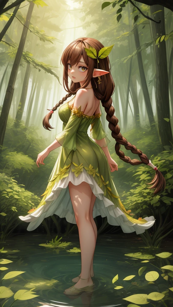 创造一个留着棕色长辫子的神秘仙女, 穿着绿叶连衣裙, 她站在水中，背景是火和树