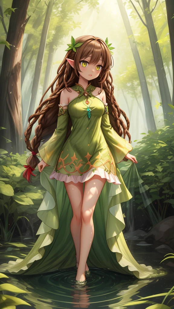 创造一个留着棕色长辫子的神秘仙女, 穿着绿叶连衣裙, 她站在水中，背景是火和树