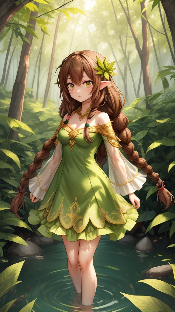 긴 갈색 드레드락 스타일의 머리를 하고 신비로운 요정을 만들어 보세요., 녹색 잎 드레스를 입고, 그녀는 물 속에 서 있고 배경에는 불과 나무가 있습니다.
