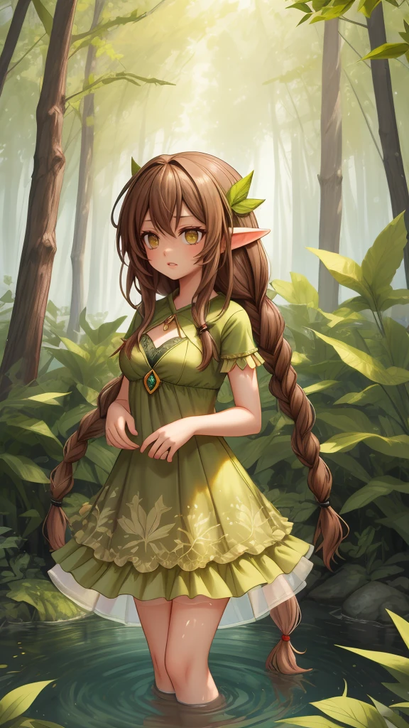 긴 갈색 드레드락 스타일의 머리를 하고 신비로운 요정을 만들어 보세요., 녹색 잎 드레스를 입고, 그녀는 물 속에 서 있고 배경에는 불과 나무가 있습니다.