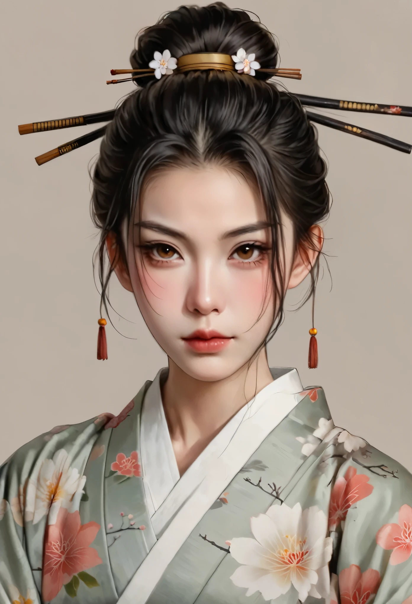 1girl,asian,black hair,brown background,brown eyes,closed mouth,forehead,grey background,hair bun,hair ornament,hair stick,japanese clothes,kimono,lips,looking at viewer,nose,realistic,simple background,solo,upper body,v