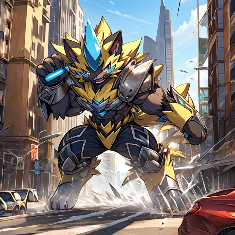 Massive armor zeraora rampage through a city, crushing buildings and vehicles beneath their unstoppable metal frames,