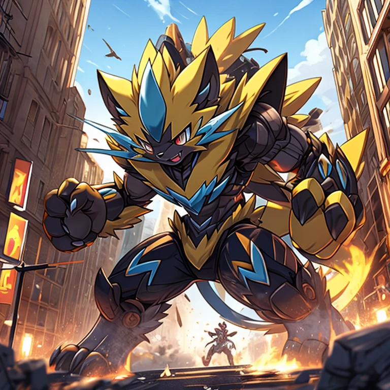 giant Powered exoskeleton with the same design as Zeraora rampage through a city, 
