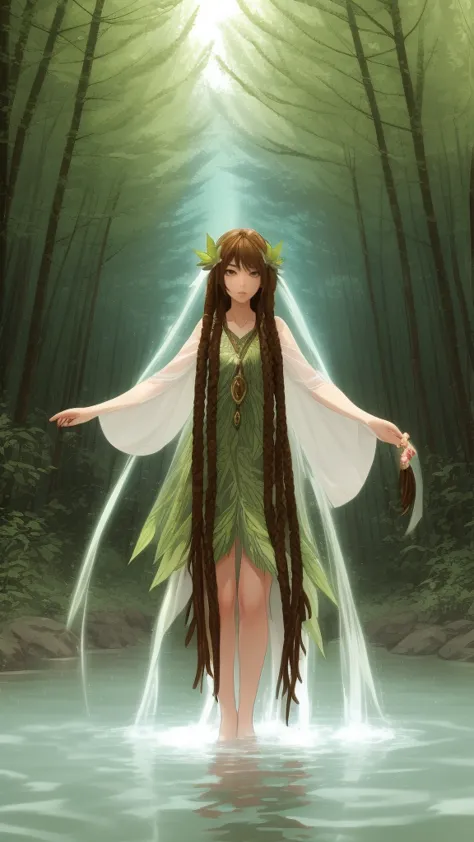 Create a mystic Fairy wearing long brown dreadlock style hair, wearing green leaf dress, she standing in water and in her Backgr...