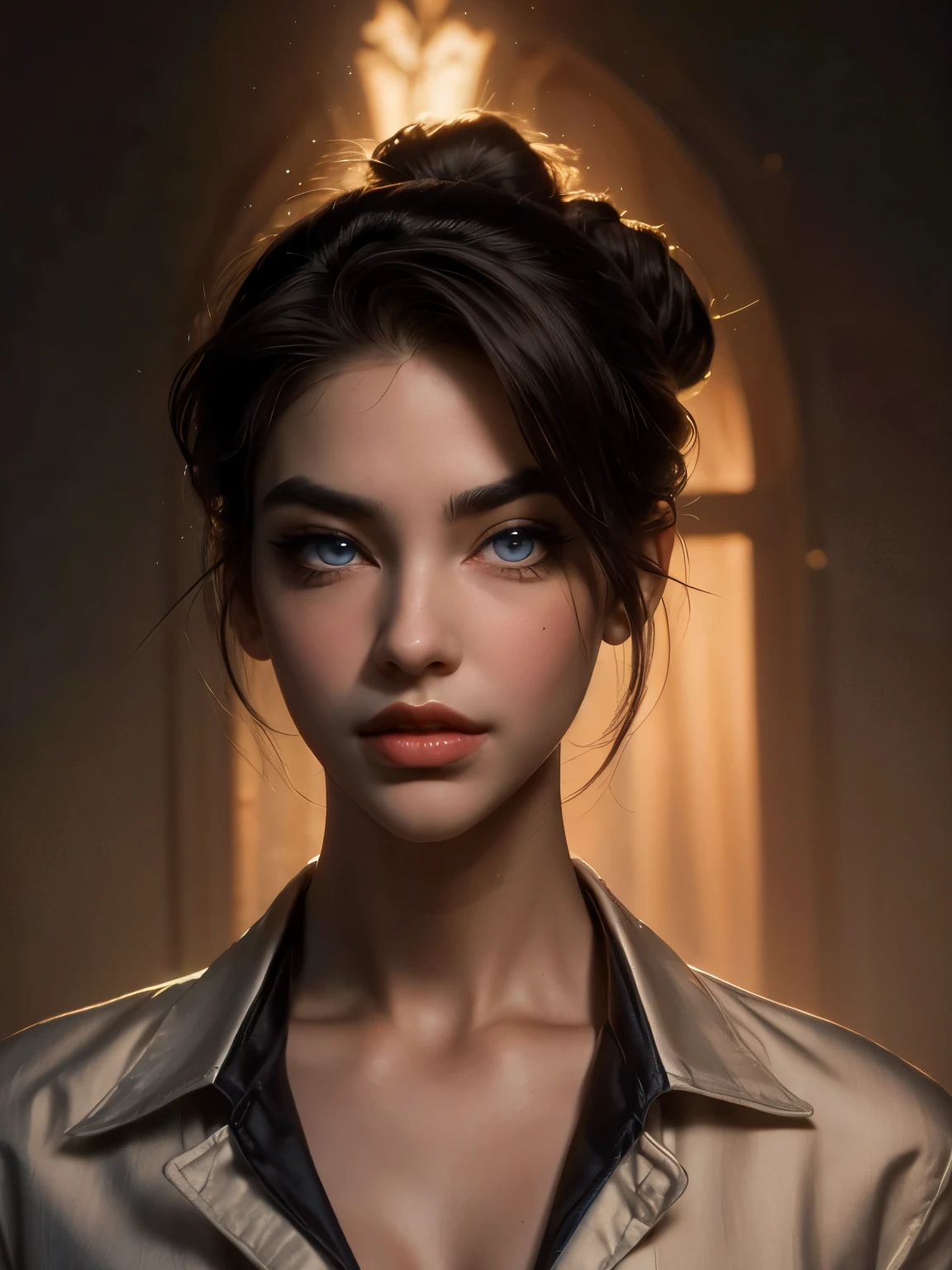 ((( portrait))) of beautiful brunette (female) in her 30s ,mature look, (small mouth) but (thick kissable lips), shy gaze, ((((tiny snob nose)))) ,( prefect shaped eyes),((blue eyes)) ,long eyelashes, eyeliner ,((( thick eyebrows))) , charming, cute ,  ((( sleek slicked back hair bun ))), ( black hair), fair skin, modern look, stylish , classy,  wearing Unbuttoned classic shirt, clivage ,  Castlevania style