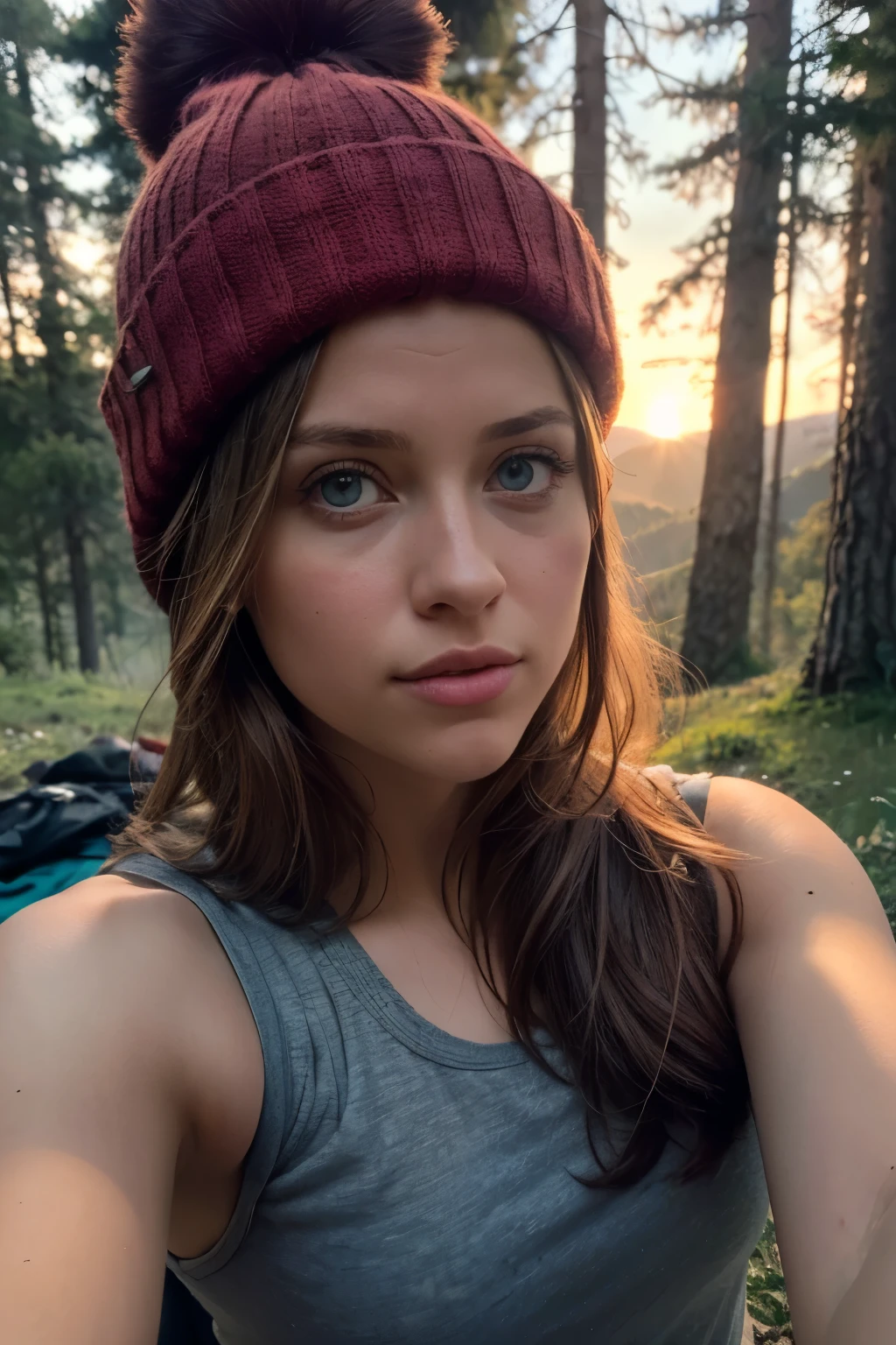 photo realistic, best quality, hyper detailed, gorgeous Teresa Palmer, (30 years old:1.5), selfie photo, upper body, only, Tomb Raider style clothing, al fresco, mountains, nature in real life, sunrise, (cheerful, happy), sleeping bag, beanie, forest, rock, river, wood, smoke, clear sky, analog style, view of the viewer, skin texture, film grain, close up, ultra-high resolution, best shadow, RAW, instagram LUT, dimly lit, rim lighting, perfect anatomy, anatomically correct, perfect proportions.