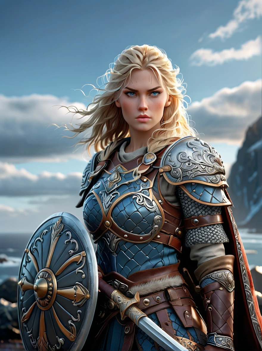 Nordic Viking female warrior，Armed with a large shield and a double-edged sword，The helmet is beside me，Strong build，Blonde hair fluttering wildly in the cold wind，Sky blue eyes，Nordic patterns on clothing，The background depicts the rugged coastline of the cold North Sea.，full-body shot，Cartoon Style，Super Detail，Anatomically correct, masterpiece, accurate, textured skin, super detail, high details, award winning, 8k