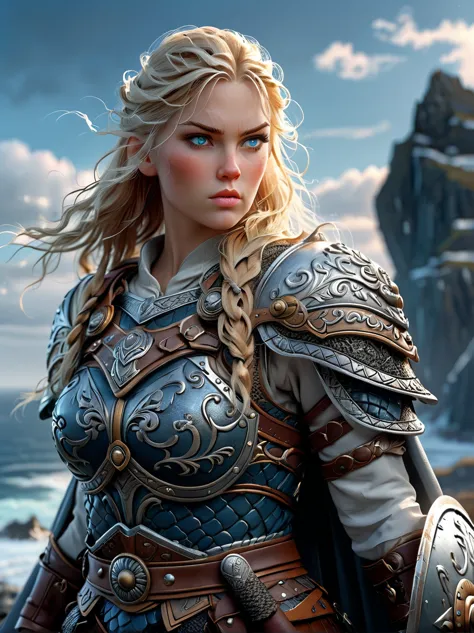 Nordic Viking female warrior，Armed with a large shield and a double-edged sword，The helmet is beside me，Strong build，Blonde hair...