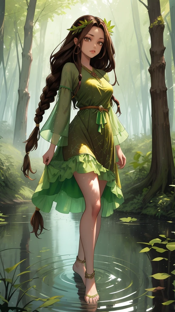 神秘的な妖精を作りましょう。彼女は私たちを見て、ドレッドヘアの長い茶色の髪をしています, 緑の葉のドレスを着て, 彼女は水の中に立っており、背景には火と森がある
