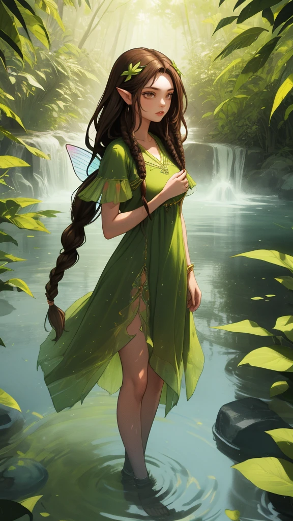 Créez une fée mystique, elle avait de longs cheveux bruns style dreadlock, porter une robe à feuilles vertes, elle se tient dans l&#39;eau et dans son arrière-plan il y a du feu 