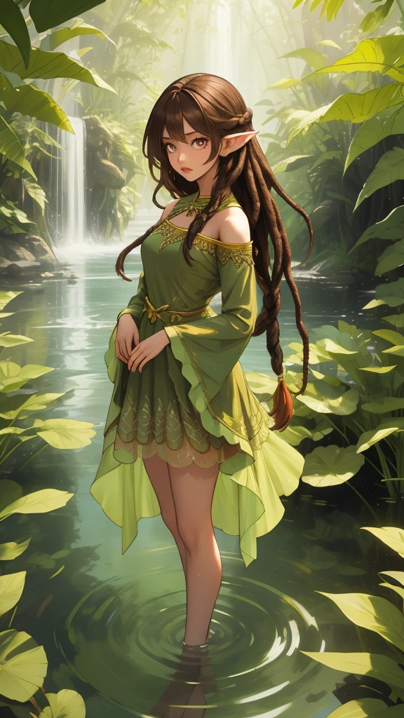 创造一个神秘的仙女，她有一头棕色的长发，长发绺风格, 穿着绿叶连衣裙, 她站在水中，背景是火 