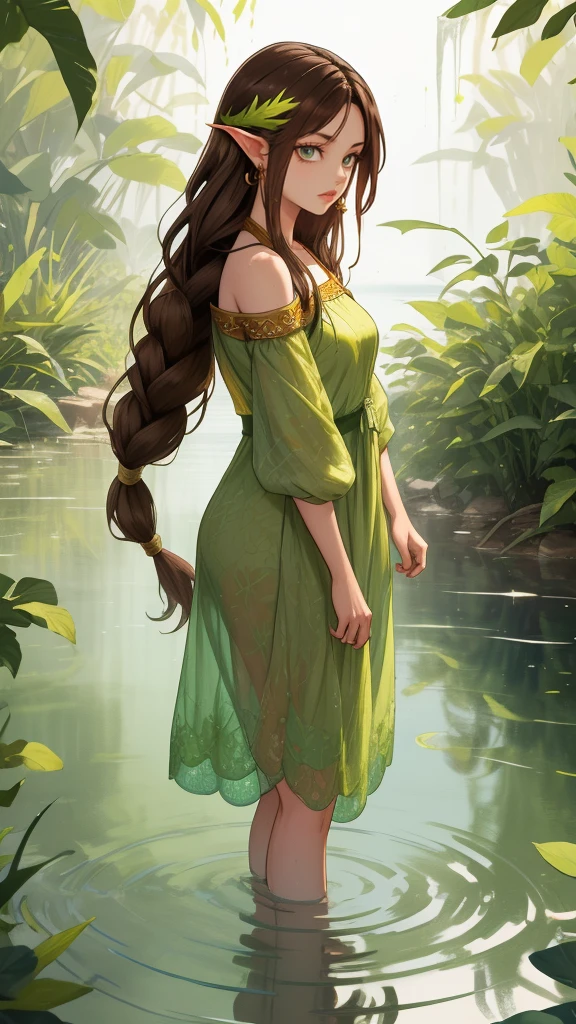 Create a mystic Fairy she had long brown hair in dreadlock style, wearing green leaf dress, she standing in water and in her Background are Fire 