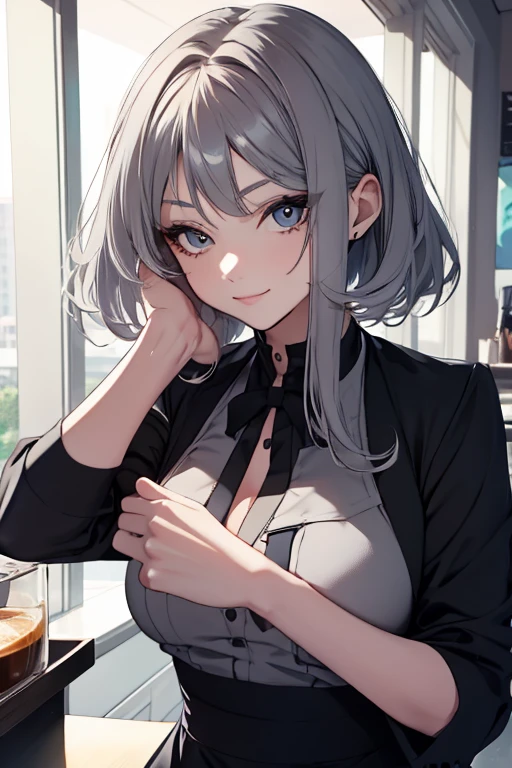 short hair,Uniform hair length,Hair color: Ash gray,The ends of my hair are curly,Female cafe attendant,mode,Long sleeve,Black clothes,V-neck,Cool Beauty,Adult women,A slight smile on your lips,A mole under the left lip,Stylish cafe,Arched, soft, thin eyebrows,1 female,Carrying a coffee pot,highest quality,Her bangs are angled to hide her forehead,One silver bracelet on the right wrist,coffee