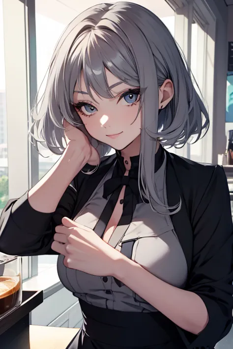 short hair,uniform hair length,hair color: ash gray,the ends of my hair are curly,female cafe attendant,mode,long sleeve,black c...