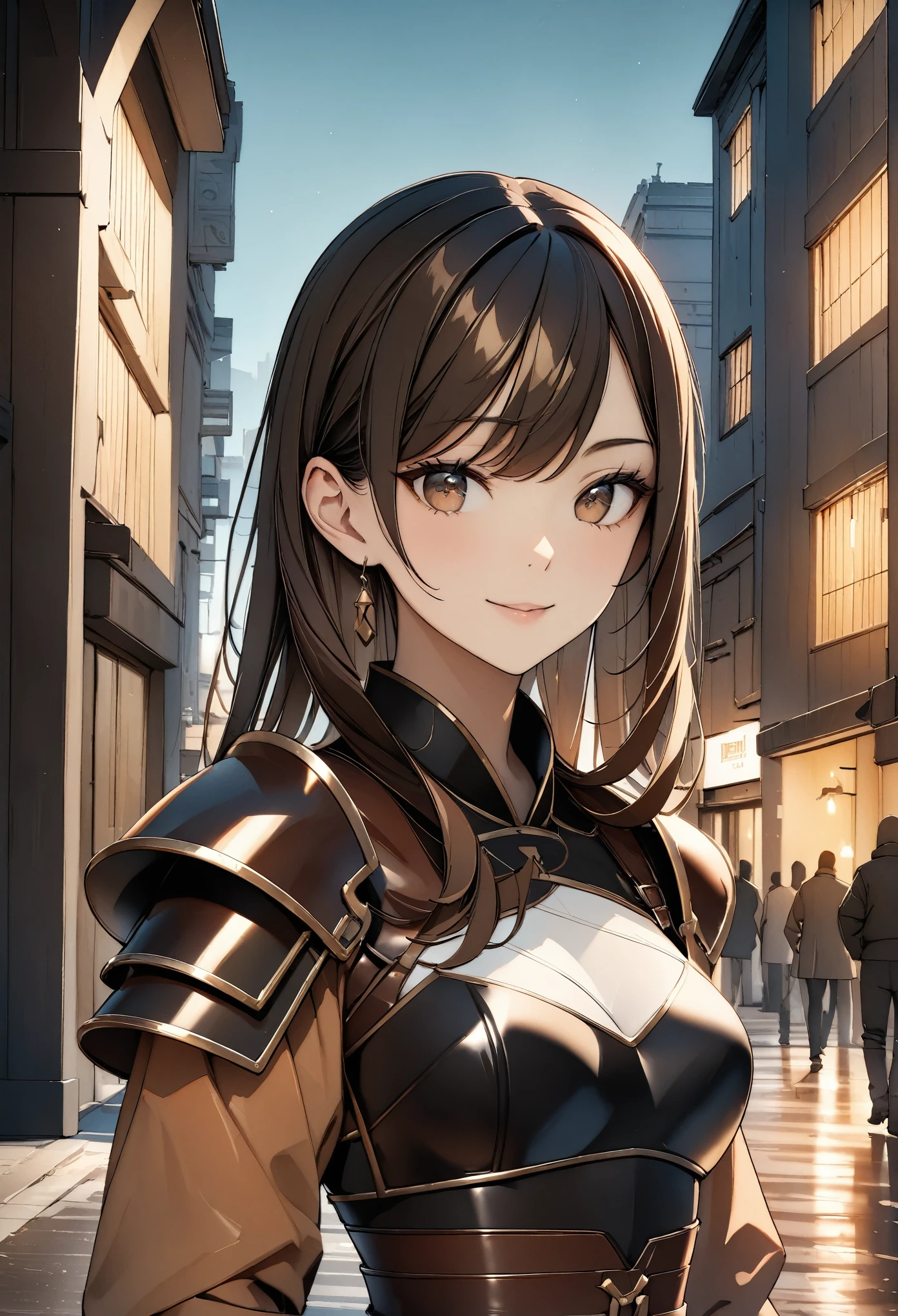 ((highest quality, 8k, masterpiece :1.3)), One girl, smile, whole body, Slim face, Beautiful woman, (Dark brown hair), Portrait of a warrior :1.1, ((leather armor, breastplate)), Highly detailed face, Fine grain, double eyelid,  Blur the background, Slim face, city, outside, street,  