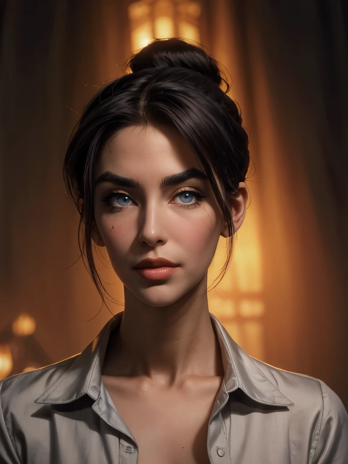 ((( portrait))) of beautiful brunette (female) in her 30s ,mature look, (small mouth) but (thick kissable lips), shy gaze, ((((tiny snob nose)))) ,( prefect shaped eyes),((blue eyes)) ,long eyelashes, eyeliner ,((( thick eyebrows))) , charming, cute ,  ((( sleek slicked back hair bun ))), ( black hair), fair skin, modern look, stylish , classy,  wearing Unbuttoned classic shirt, clivage ,  Castlevania style