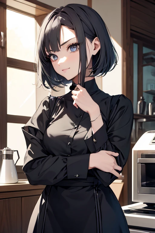 short hair,Uniform hair length,Hair color: Ash gray,The ends of my hair are curly,Female cafe attendant,mode,Long sleeve,Black clothes,V-neck,Cool Beauty,Adult women,A slight smile on your lips,A mole under the left lip,Stylish cafe,Arched, soft, thin eyebrows,1 female,Carrying a coffee pot,highest quality,Her bangs are angled to hide her forehead,One silver bracelet on the right wrist,coffee,Simple clothing