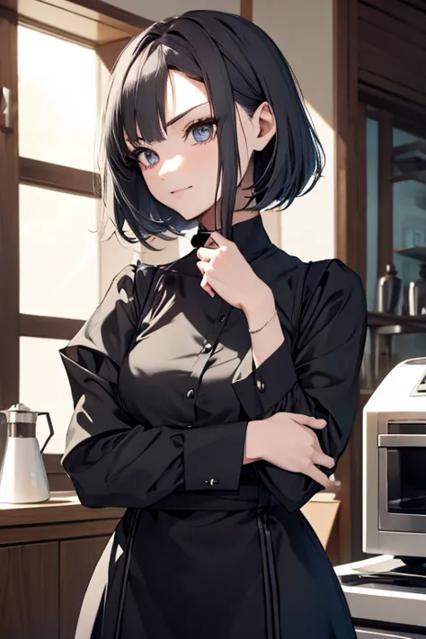 short hair,Uniform hair length,Hair color: Ash gray,The ends of my hair are curly,Female cafe attendant,mode,Long sleeve,Black c...
