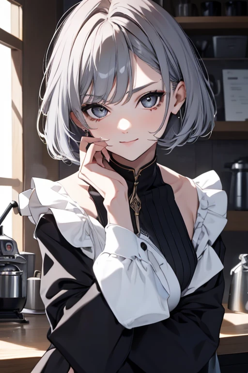short hair,Uniform hair length,Hair color: Ash gray,The ends of my hair are curly,Female cafe attendant,mode,Long sleeve,Black clothes,V-neck,Cool Beauty,Adult women,A slight smile on your lips,A mole under the left lip,Stylish cafe,Arched, soft, thin eyebrows,1 female,Carrying a coffee pot,highest quality,Her bangs are angled to hide her forehead,One silver bracelet on the right wrist,coffee,Simple clothing