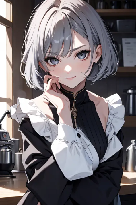 short hair,Uniform hair length,Hair color: Ash gray,The ends of my hair are curly,Female cafe attendant,mode,Long sleeve,Black c...