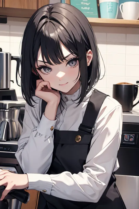 short hair,Uniform hair length,Hair color: Ash gray,The ends of my hair are curly,Barista,mode,Long sleeve,Black clothes,V-neck,...