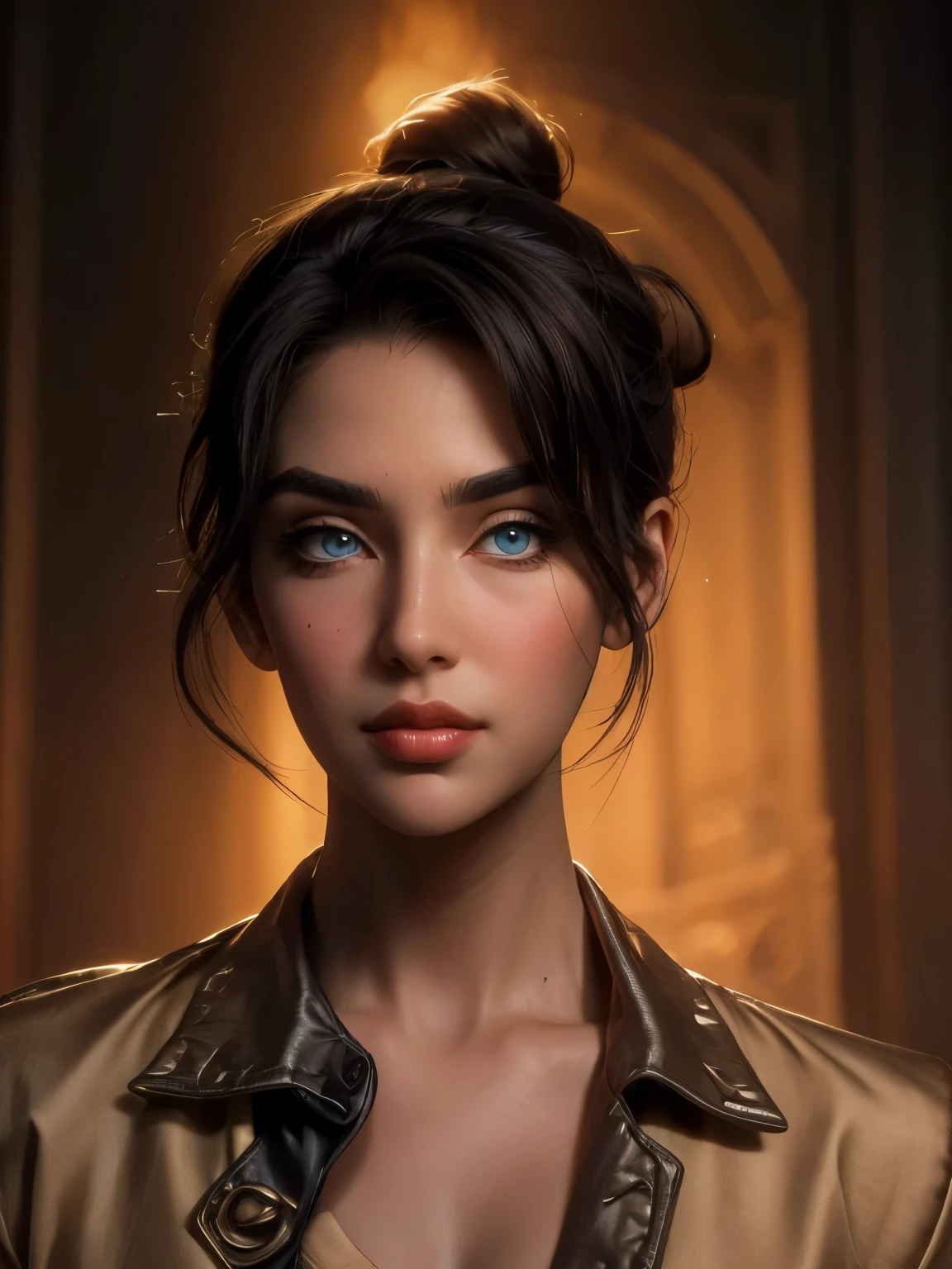 ((( portrait))) of beautiful brunette (female) in her 30s ,mature look, (small mouth) but (thick kissable lips), shy gaze, ((((tiny snob nose)))) ,( prefect shaped eyes),((blue eyes)) ,long eyelashes, eyeliner ,((( thick eyebrows))) , charming, cute ,  ((( sleek slicked back hair bun ))), ( black hair), fair skin, modern look, stylish , classy,  wearing Unbuttoned classic shirt, clivage ,  Castlevania style