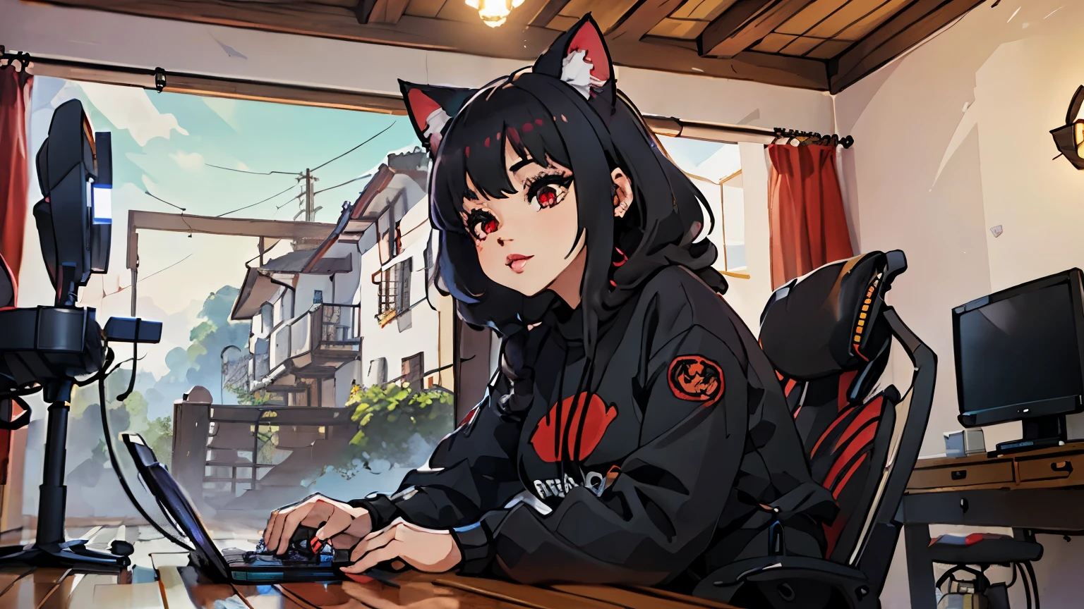 (junkotvv, black fur, fringe, ((cat ears)), Red eyes), in the foreground a villager is using a gaming computer inside a peasant house,peasants wearing renaissance clothing,Dur3r Style,(gaming computer monitor, keyboard (computer), cables, rgb games),horses,castle in the distance,(cat ears)