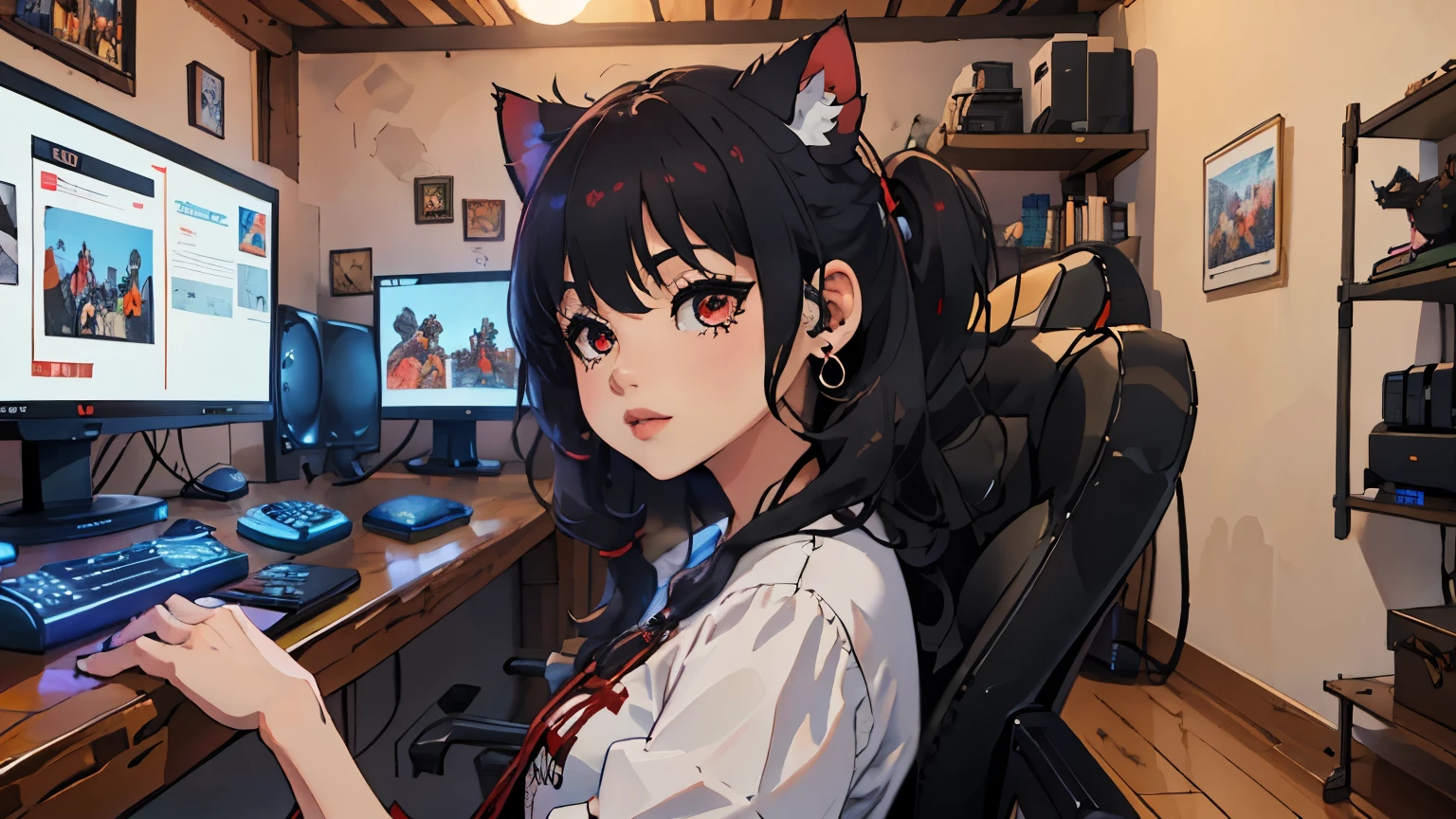 (junkotvv, fourrure noire, la frange, ((oreilles de chat)), des yeux rouges), in the foreground a villager is using a gaming ordinateur inside a peasant house,paysans portant des vêtements de la Renaissance,Style Dur3r,(gaming ordinateur monitor, clavier (ordinateur), Câbles, jeux RVB),les chevaux,château au loin,(oreilles de chat)