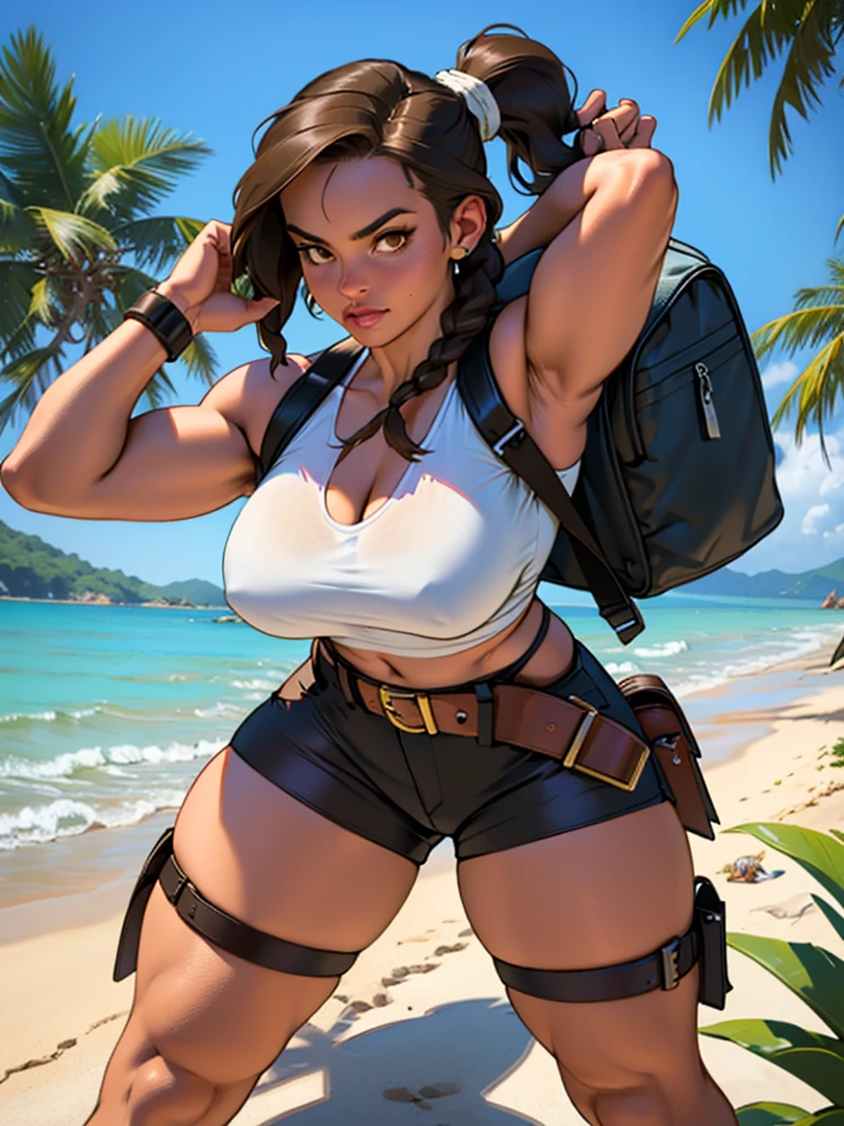 1 fille. Lara croft mince, gros seins, tonique, athlétique. Cheveux bruns en longue queue de cheval tressée, yeux marrons, porter le costume de Lara Croft (haut dos nu bleu clair, micro short marron, ceinture en cuir, harnais tactique, sac à dos en toile.pistolets.sur une plage tropicale.poses d&#39;action dynamiques de pin-up